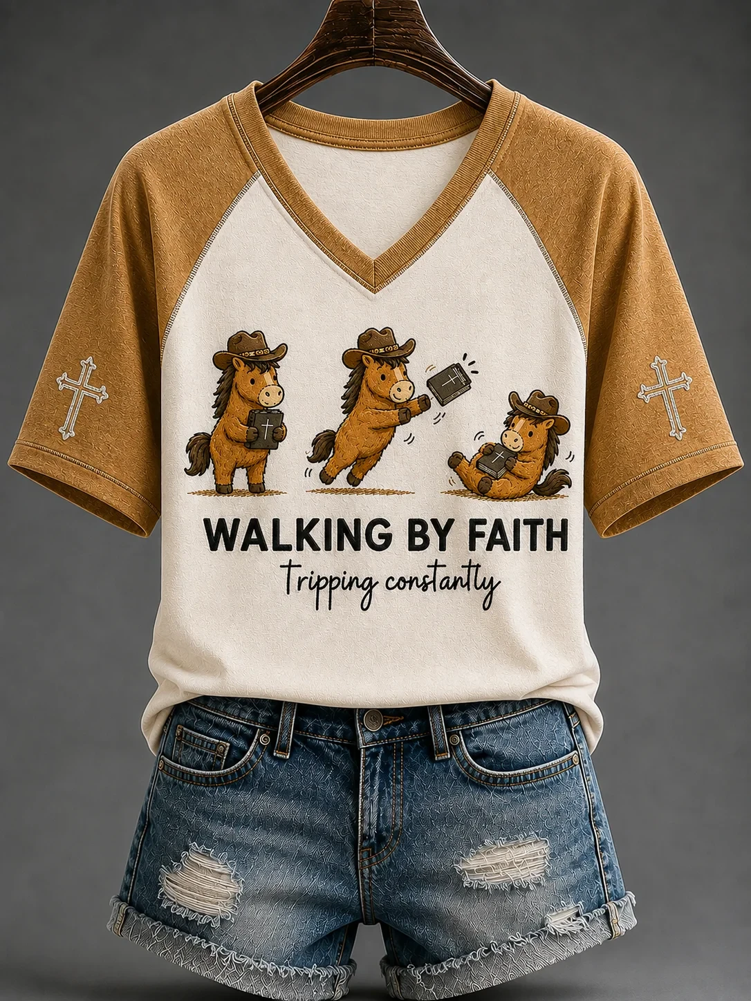 Horse Walking By Faith Tripping Constantly V-Neck Shirt Clothes Of Faith Christian Gifts - Kdjoy Horse Walking By Faith Tripping Constantly V-Neck Shirt Clothes Of Faith Christian Gifts - Kdjoy