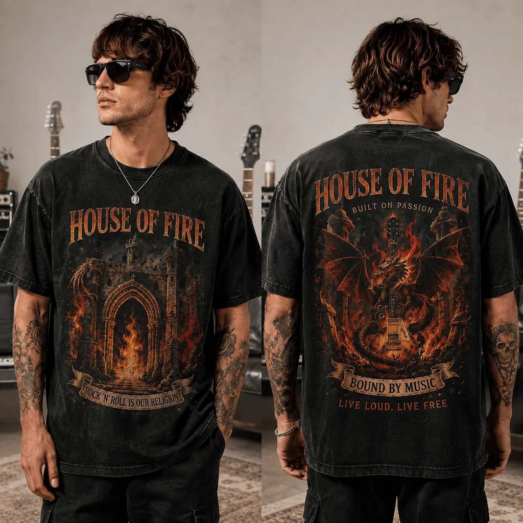 House Of Fire Rock And Roll Dragon Black T-Shirt Bound By Music Live Loud Live Free Shirt - Kdjoy