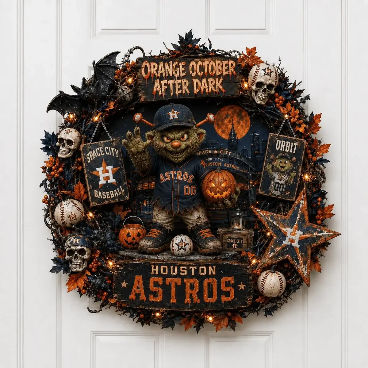 Houston Astros Orange October After Dark Halloween Wreath Astros Merch Gifts For Baseball Fans - Kdjoy