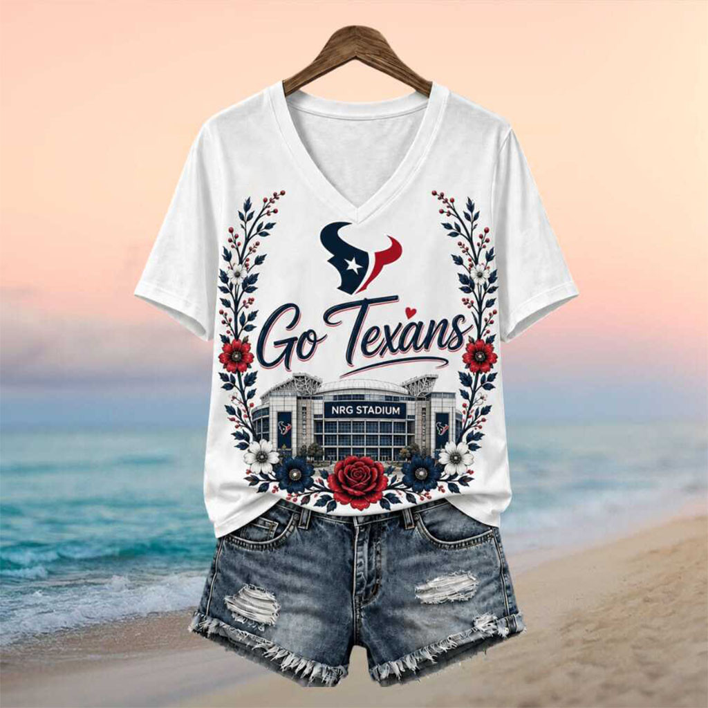 Houston Texans NRG Stadium Floral Wreath V-Neck Shirt Texans Merch Gifts For Fans - Kdjoy