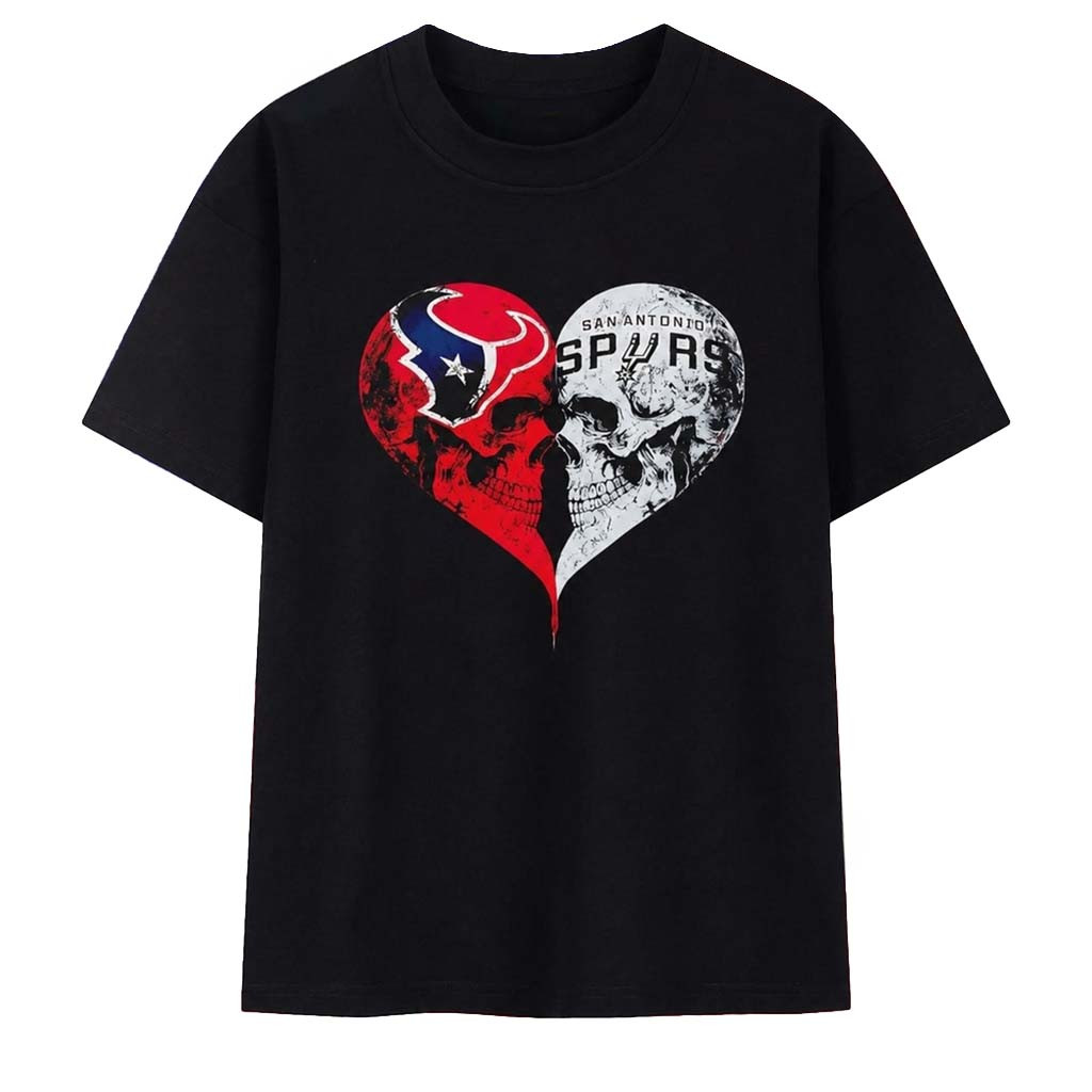 Houston Texans X San Antonio Spurs Skulls Face To Face Heart Shape Distressed T-Shirt Fan Merch - Kdjoy