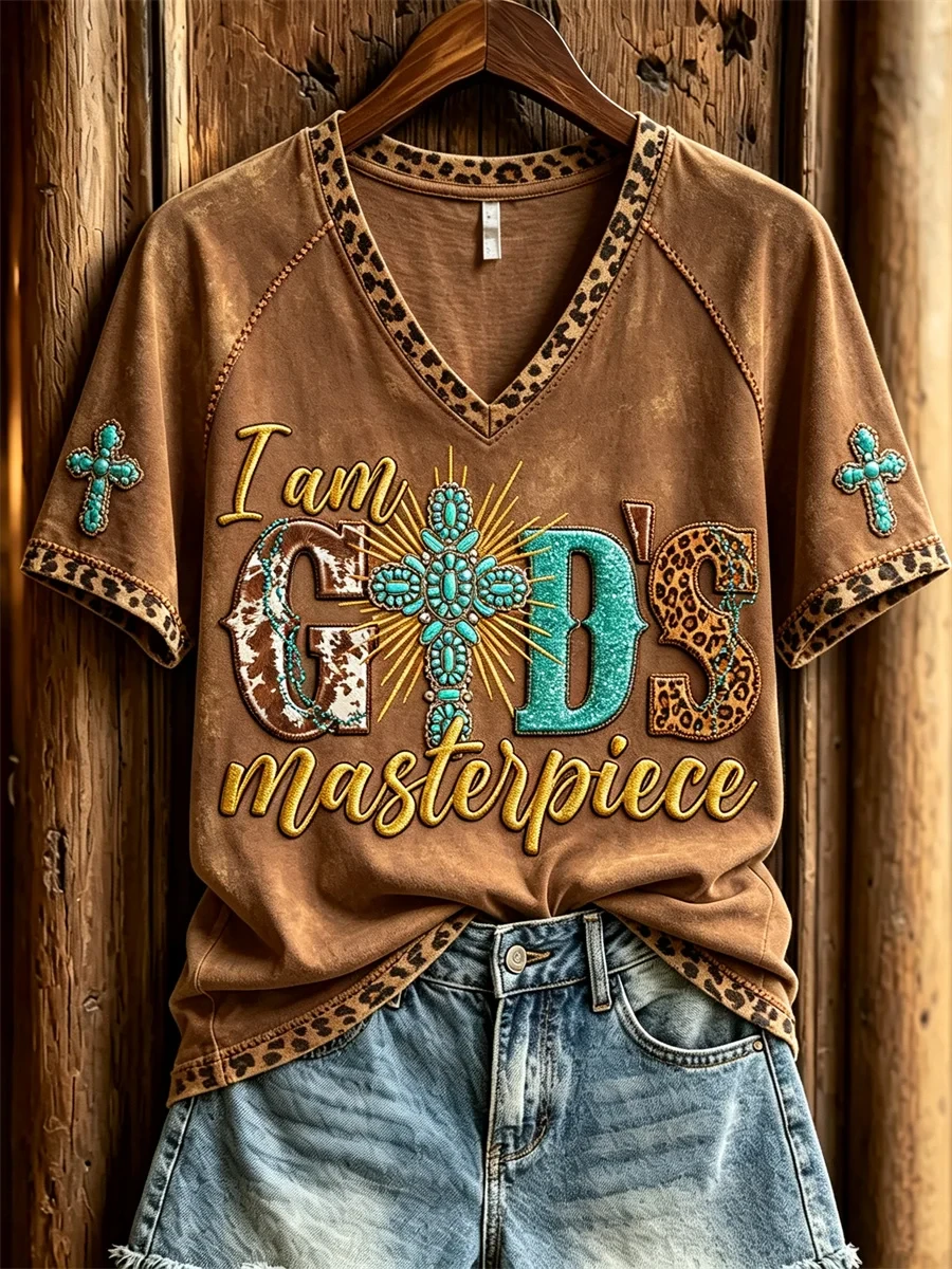 I Am God's Masterpiece Turquoise Cross Western V-Neck Shirt Presents For Christians - Kdjoy I Am God's Masterpiece Turquoise Cross Western V-Neck Shirt Presents For Christians - Kdjoy