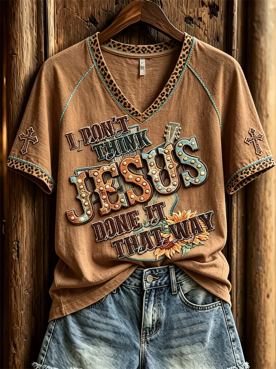 I Don't Think Jesus Done It That Way Christian Western V-Neck Shirt Faith Inspired Clothing - Kdjoy