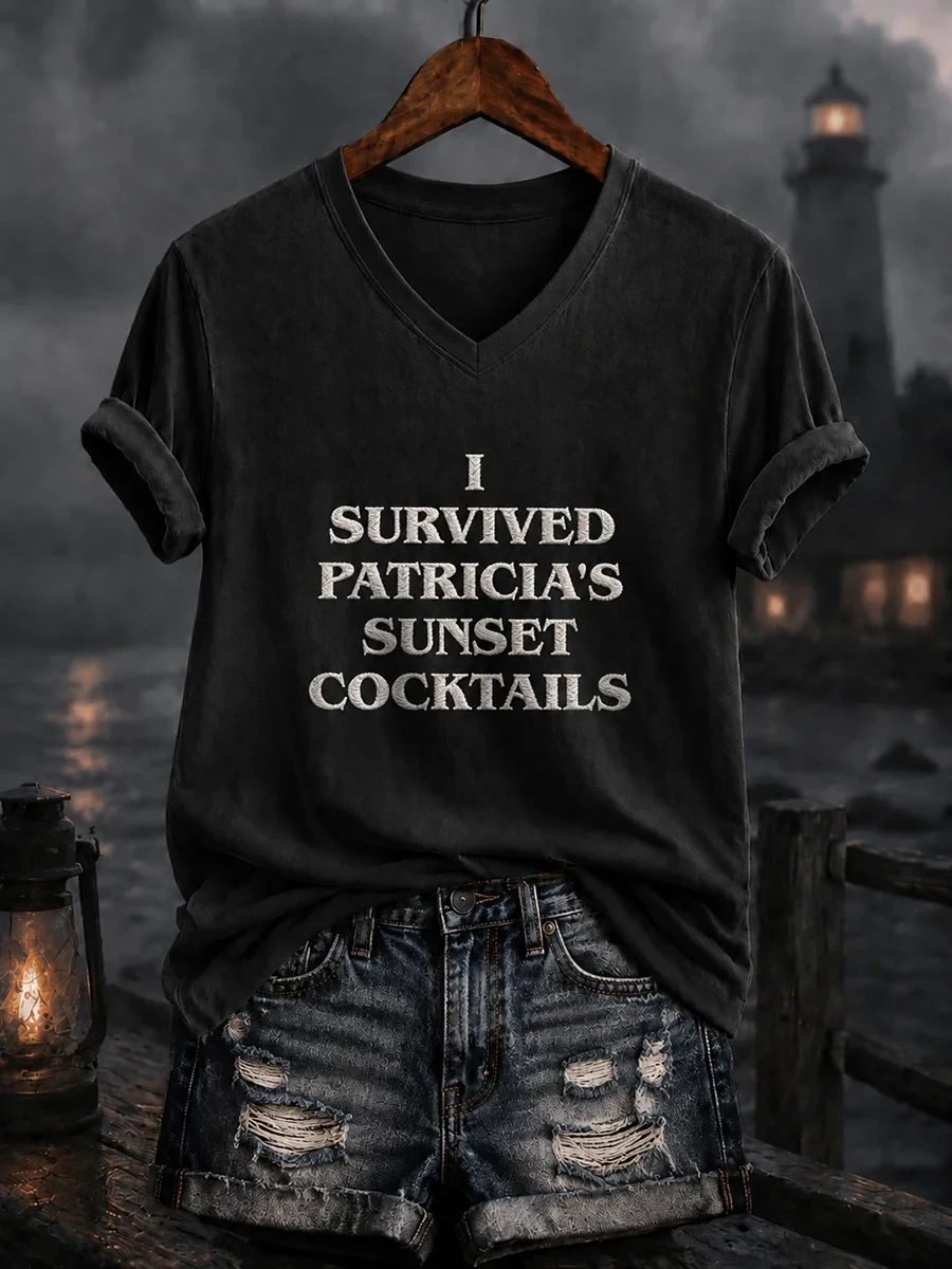 I Survived Patricia's Sunset Cocktails V-Neck Shirt Widow's Bay Merch Gifts For Halloween - Kdjoy