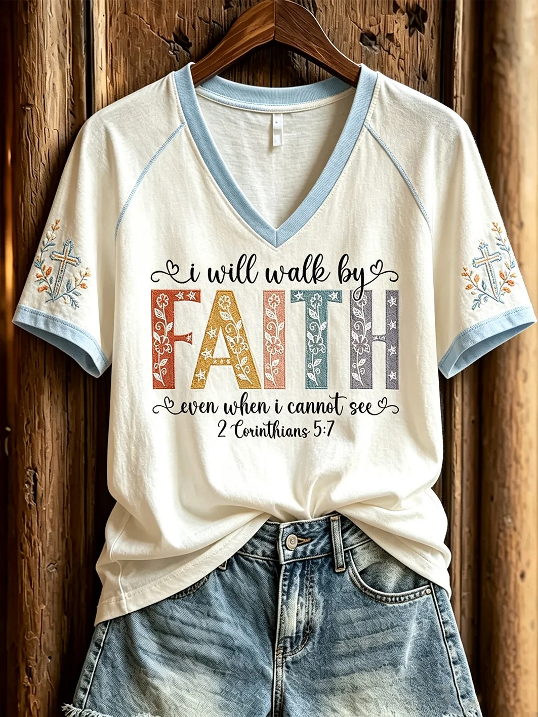 I Will Walk By Faith Even When I Cannot See V-Neck Shirt Bible Verse Clothing Christ Gift - Kdjoy I Will Walk By Faith Even When I Cannot See V-Neck Shirt Bible Verse Clothing Christ Gift - Kdjoy