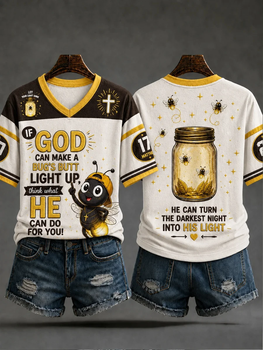 If God Can Make A Bugs Butt Light Up V-Neck Shirt Christian Firefly Mason Jar Apparel Gift - Kdjoy