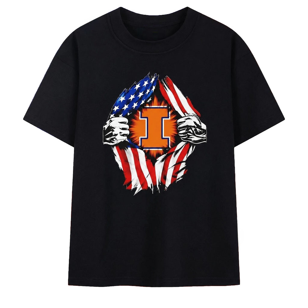 Illinois Fighting Illini American Flag Chest Rip T-Shirt Illini Merch Patriotic Gifts - Kdjoy