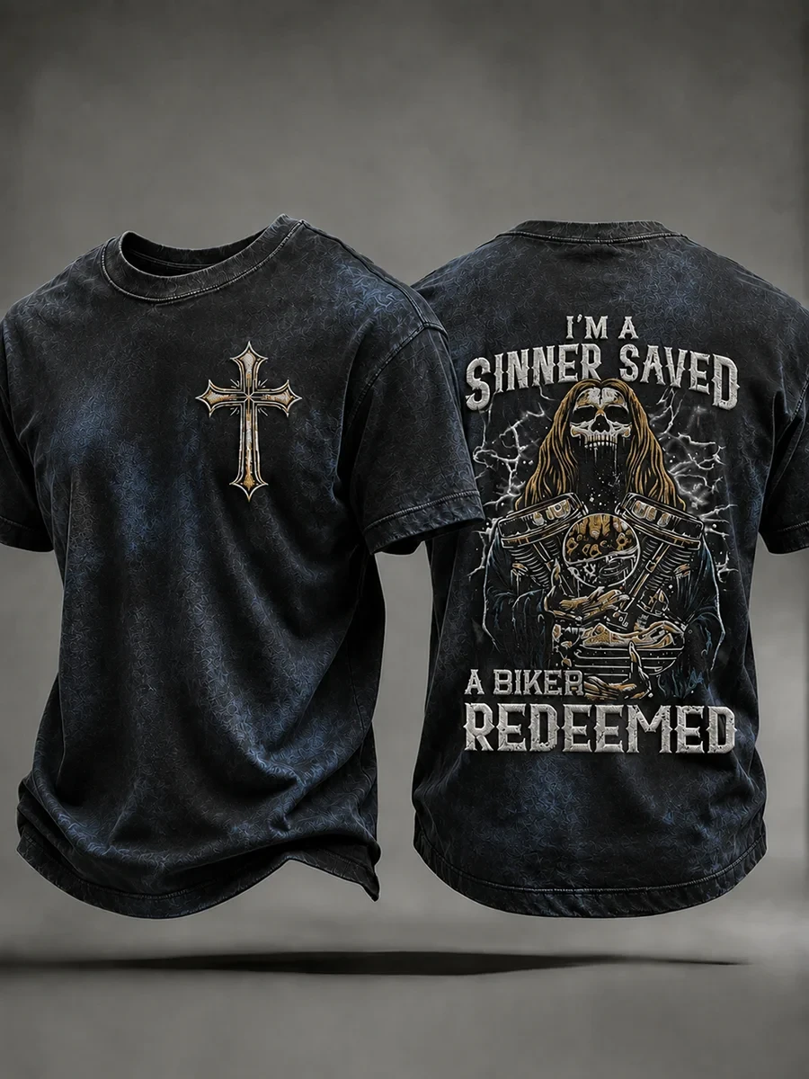 I'm A Sinner Saved A Biker Redeemed T-Shirt Faith Based Shirt Christian Motorcycle Biker Gifts - Kdjoy
