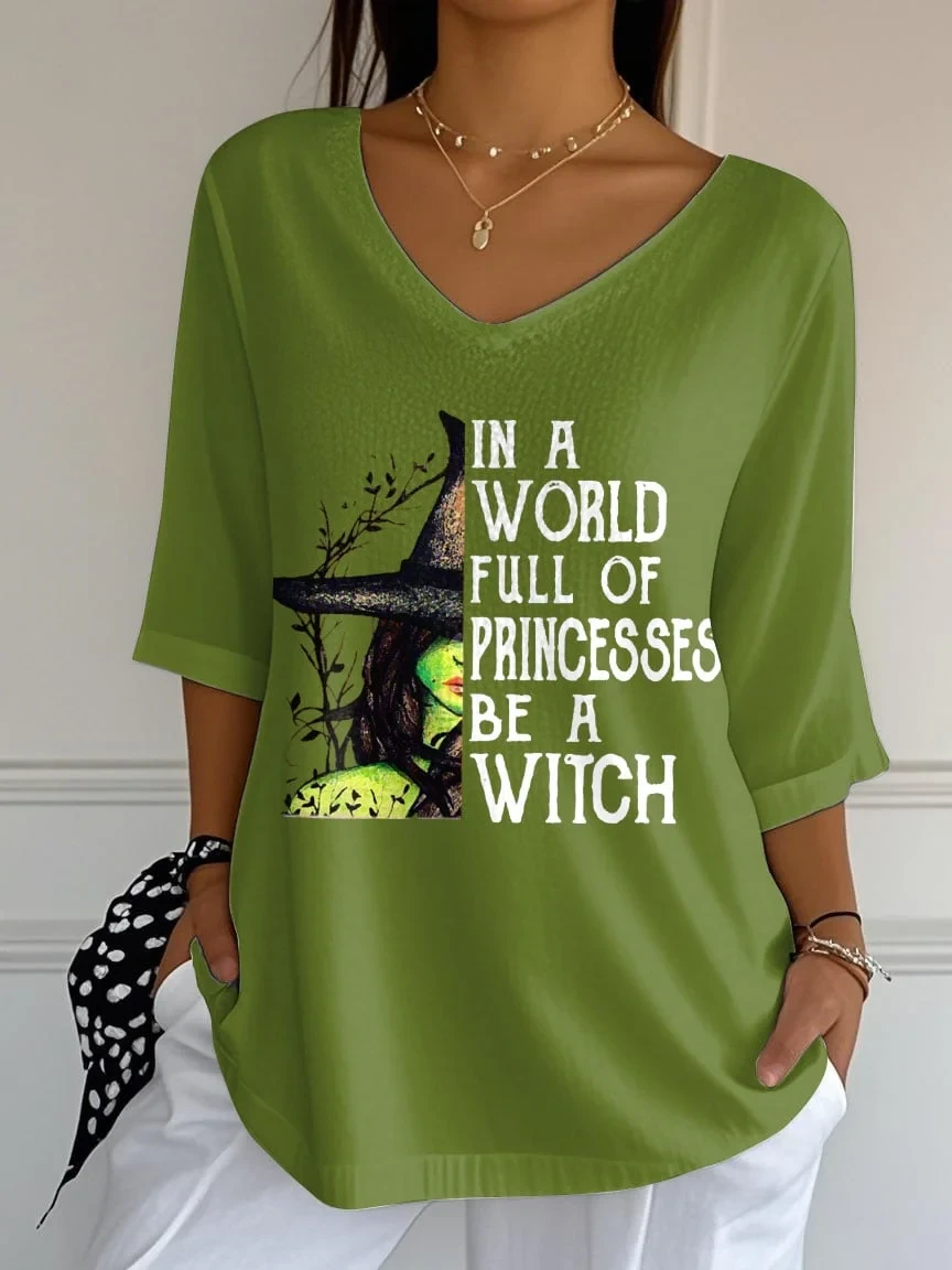 In A World Full Of Princesses Be A Witch Crop Sleeve V-Neck Shirt Halloween Gifts For Her - Kdjoy In A World Full Of Princesses Be A Witch Crop Sleeve V-Neck Shirt Halloween Gifts For Her - Kdjoy