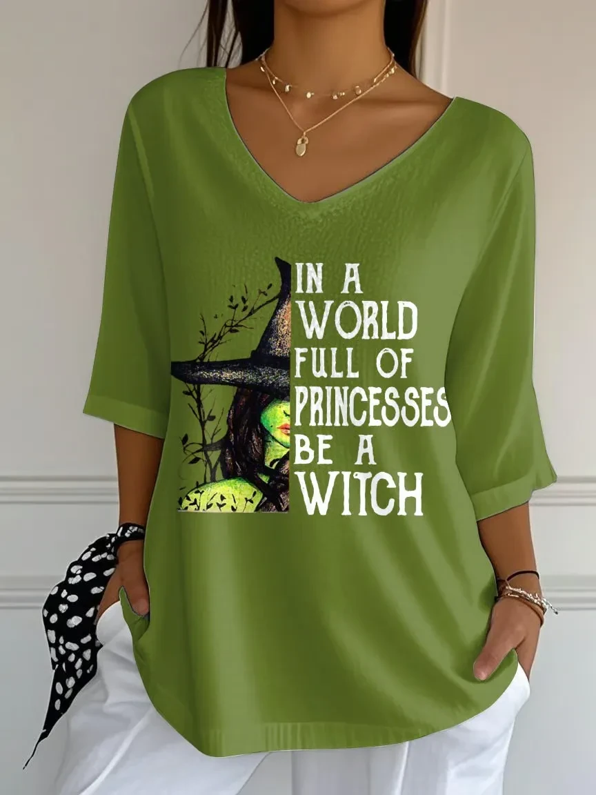 In A World Full Of Princesses Be A Witch Crop Sleeve V-Neck Shirt Ladies Halloween Clothes - Kdjoy In A World Full Of Princesses Be A Witch Crop Sleeve V-Neck Shirt Ladies Halloween Clothes - Kdjoy
