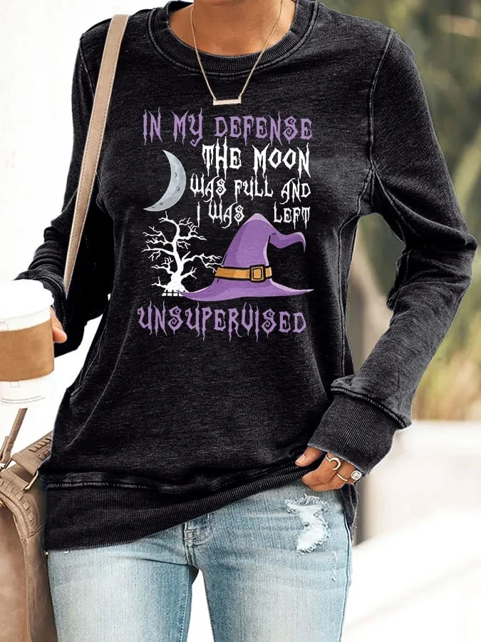 In My Defense Moon Was Full Witch Sweatshirt Halloween Clothes Women Gift For Cool Girls - Kdjoy In My Defense Moon Was Full Witch Sweatshirt Halloween Clothes Women Gift For Cool Girls - Kdjoy