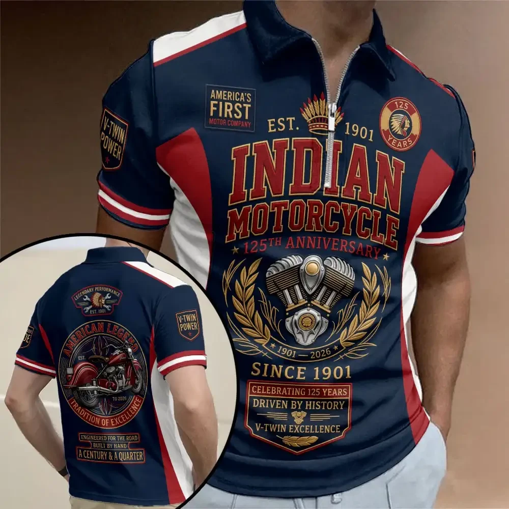 Indian Motorcycle 125 Years Anniversary Burgundy Black Zip Polo Shirt Indian Motorcycle Merch - Kdjoy