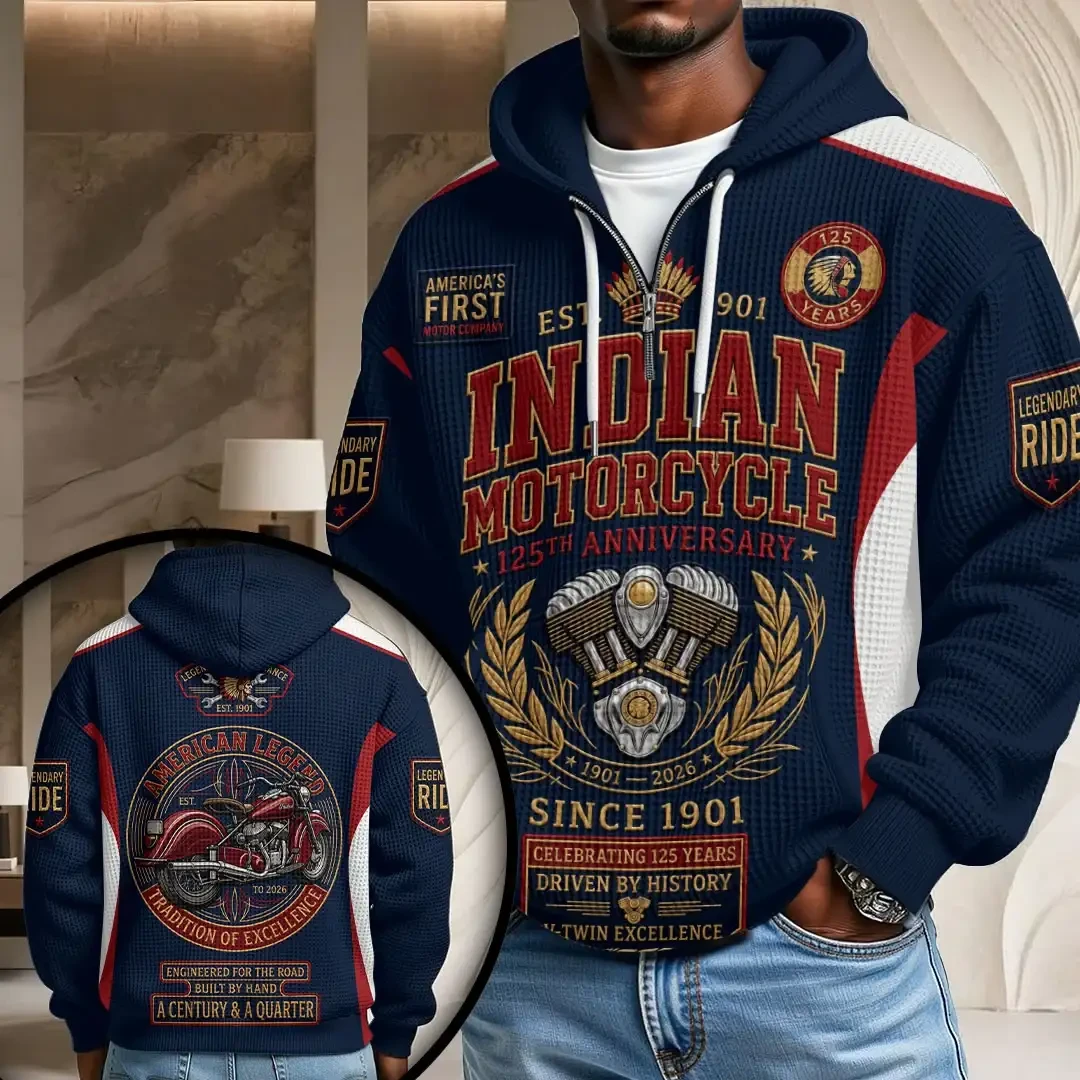 Indian Motorcycle 125th Anniversary Driven By History Half Zip Hoodie Indian Motorcycle Merch - Kdjoy