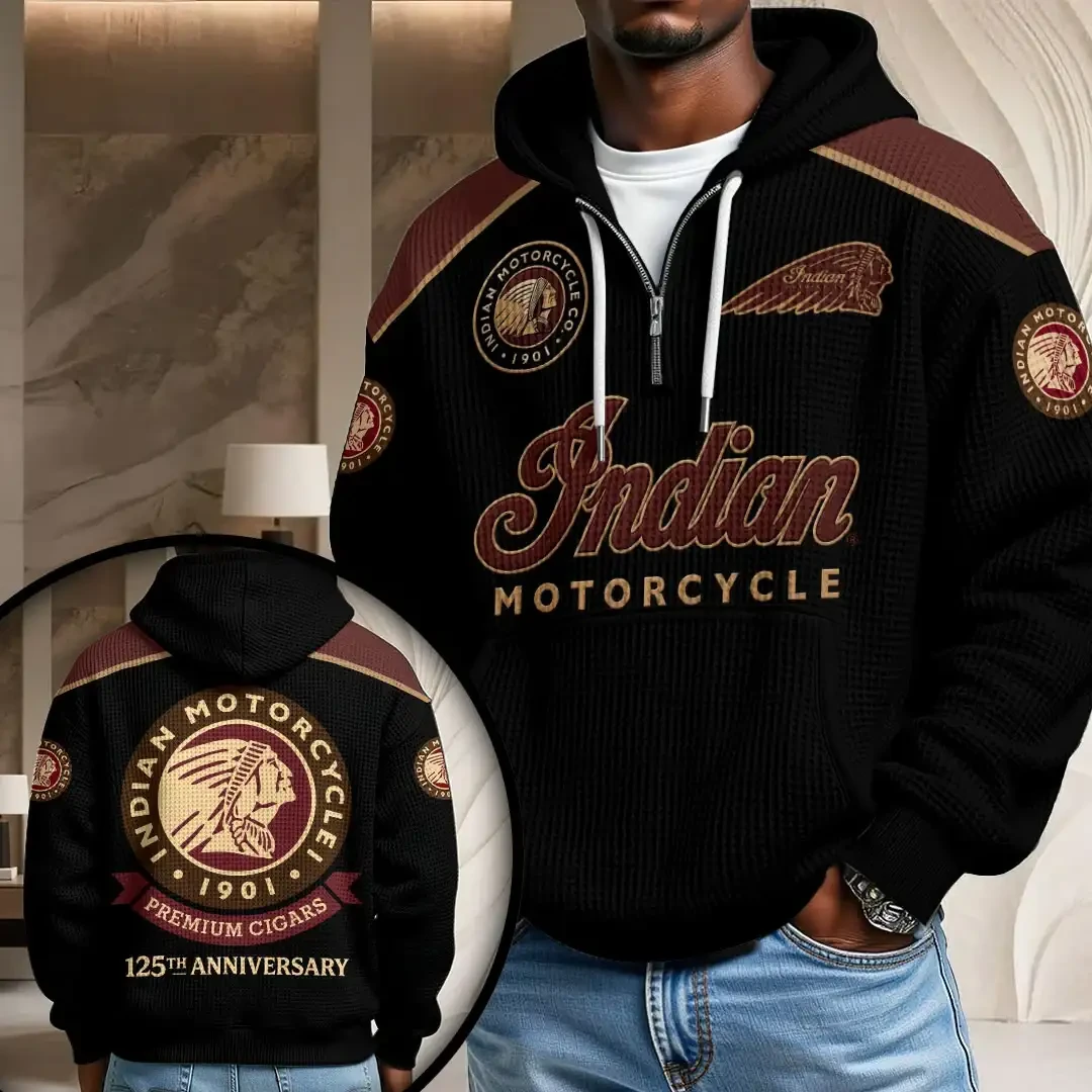 Indian Motorcycle 125th Anniversary Half Zip Waffle Hoodie Indian Motorcycle Merch Him Gifts - Kdjoy
