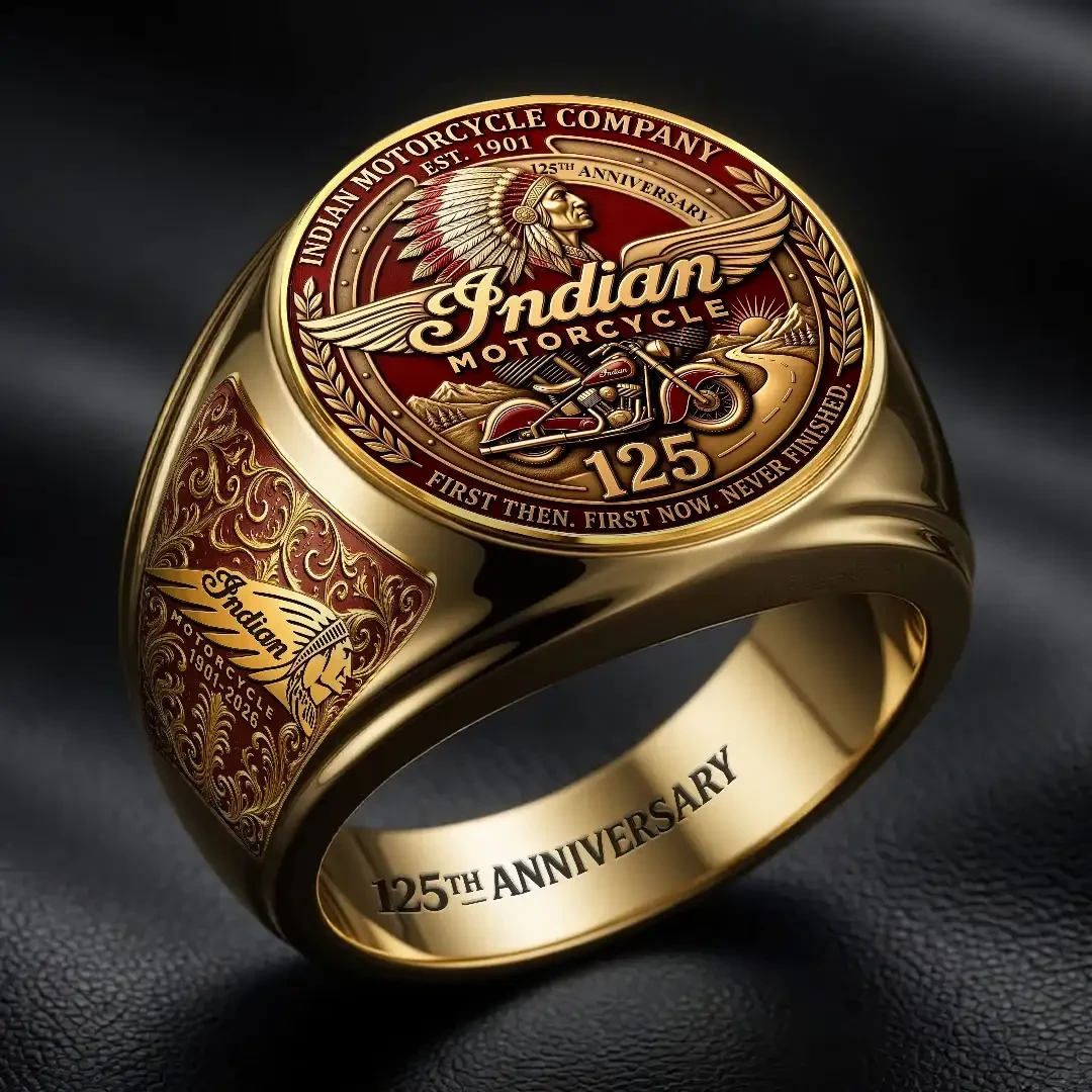 Indian Motorcycle 125th Anniversary Ring Indian Motorcycle Merch First Then First Now Never Finished - Kdjoy