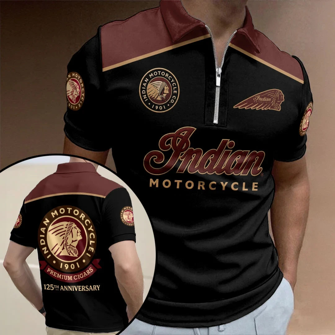 Indian Motorcycle 125th Anniversary Zip Polo Shirt Gifts For Motorbike Lovers For Men - Kdjoy
