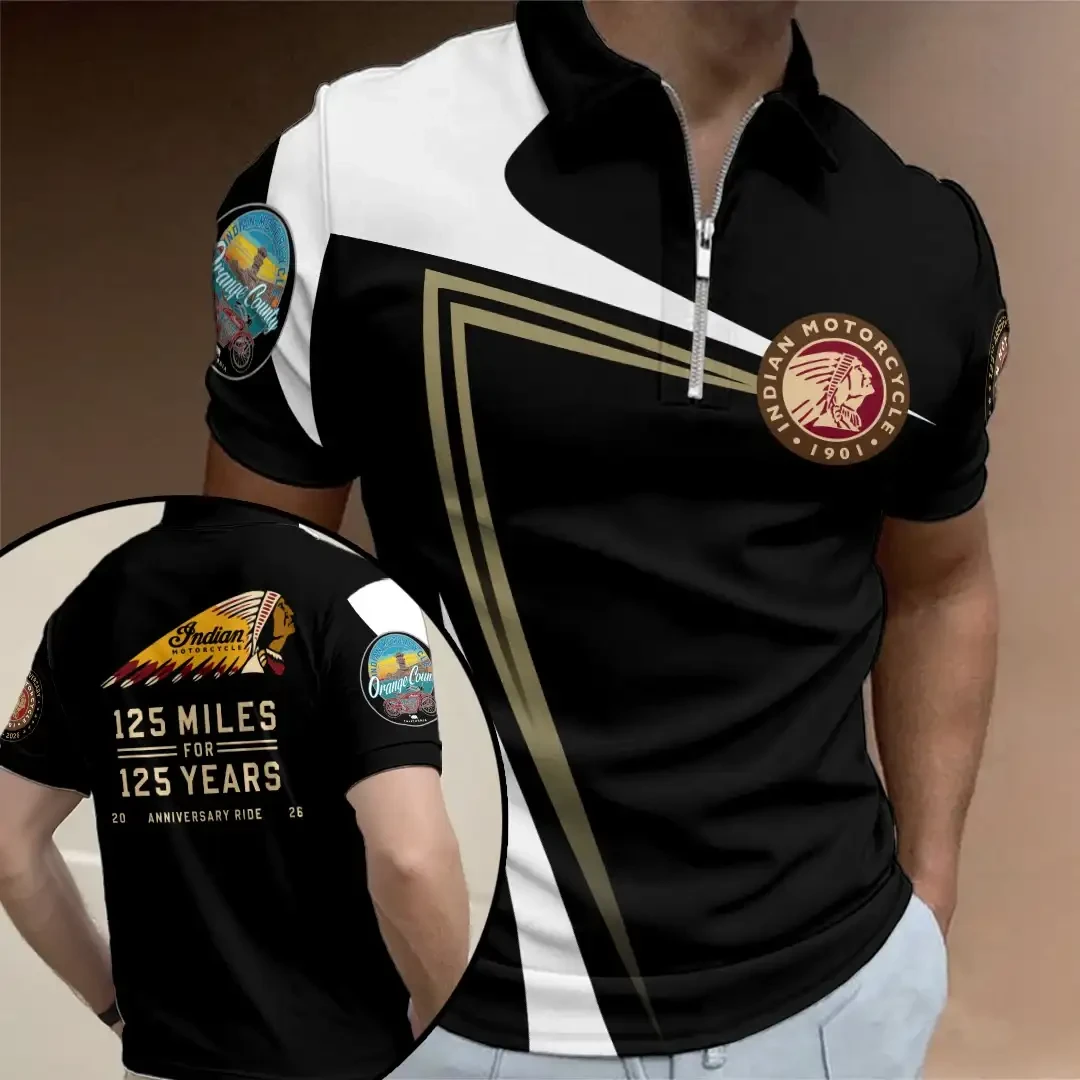 Indian Motorcycle Chief Logo 125th Anniversary Zip Polo Shirt Indian Motorcycle Merchandise - Kdjoy