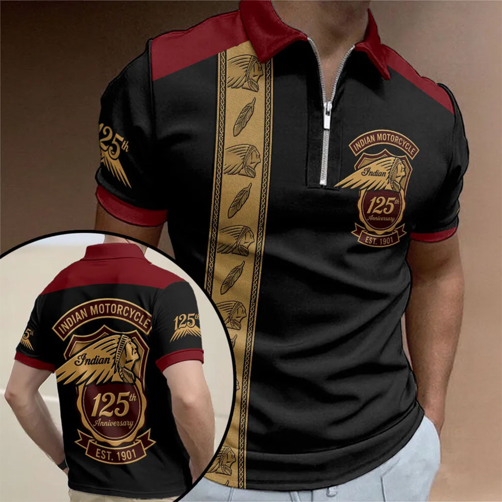 Indian Motorcycle Merch 125 Years Anniversary Zip Polo Shirt Vintage Biker Fan Apparel Him Gifts - Kdjoy