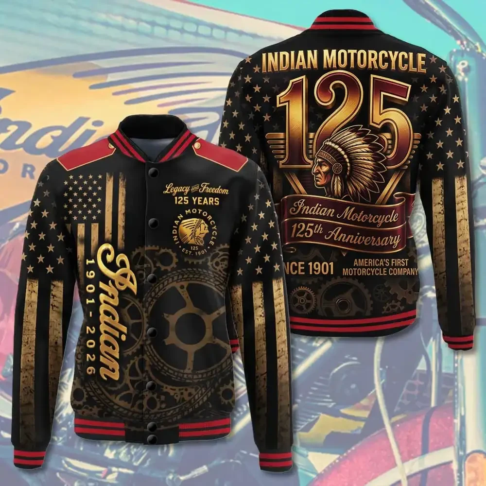 Indian Motorcycle Merch 125th Anniversary America's First Motorcycle Company Varsity Jacket - Kdjoy