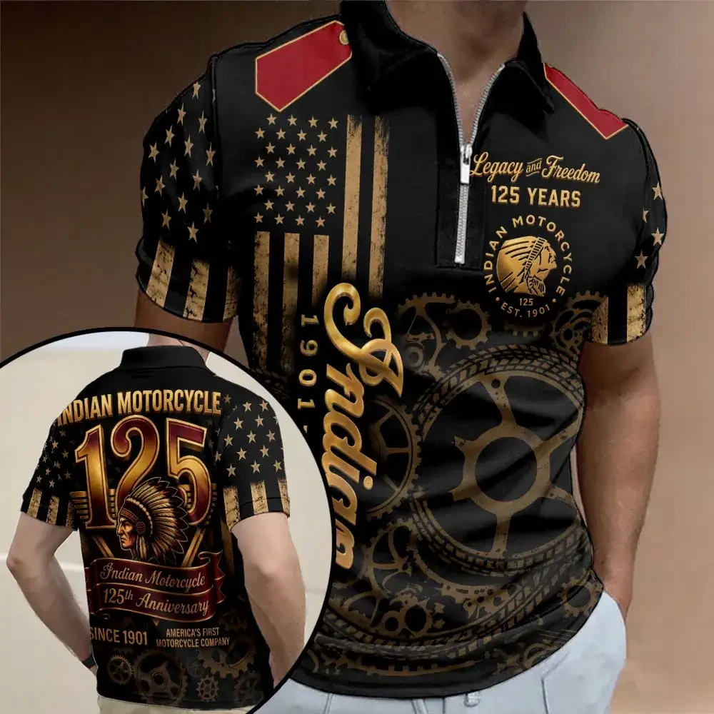 Indian Motorcycle Merch 125th Anniversary Legacy And Freedom Zip Polo Shirt Dad Gifts - Kdjoy