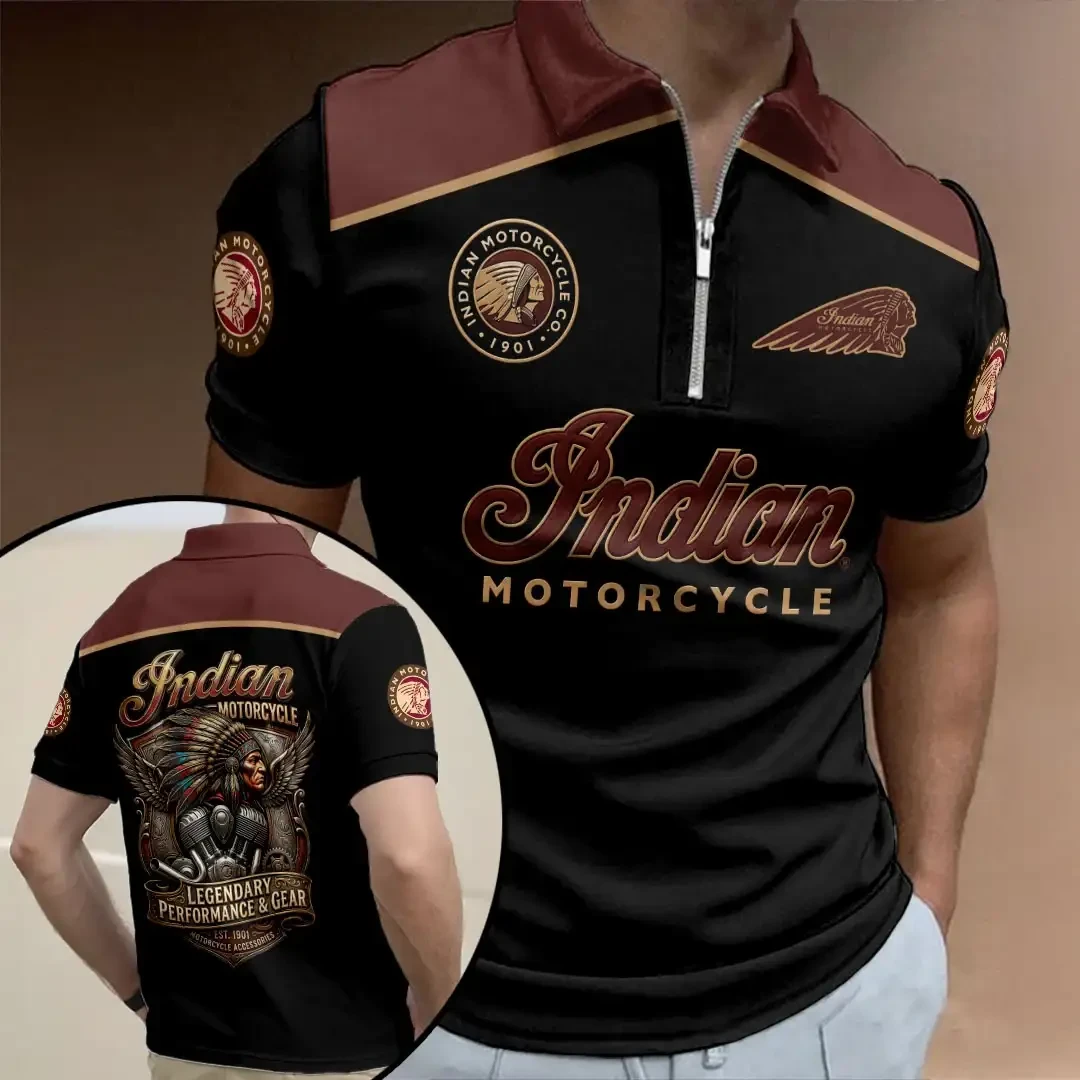 Indian Motorcycle Merch Heritage Logo 125th Anniversary Black Burgundy Zip Polo Shirt - Kdjoy