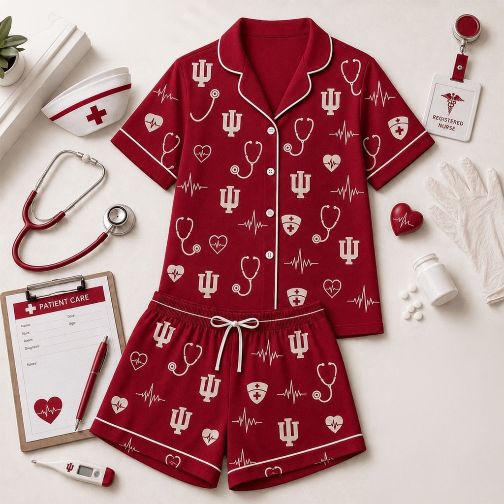 Indiana Hoosiers Heartbeats And Home Teams Short Sleeve Pajamas Set Hoosiers Merch Wife Gifts - Kdjoy