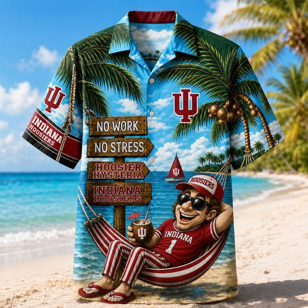 Indiana Hoosiers No Work No Stress Hawaiian Shirt Summer Beach Outfits Indiana Hoosiers Merch - Kdjoy Indiana Hoosiers No Work No Stress Hawaiian Shirt Summer Beach Outfits Indiana Hoosiers Merch - Kdjoy