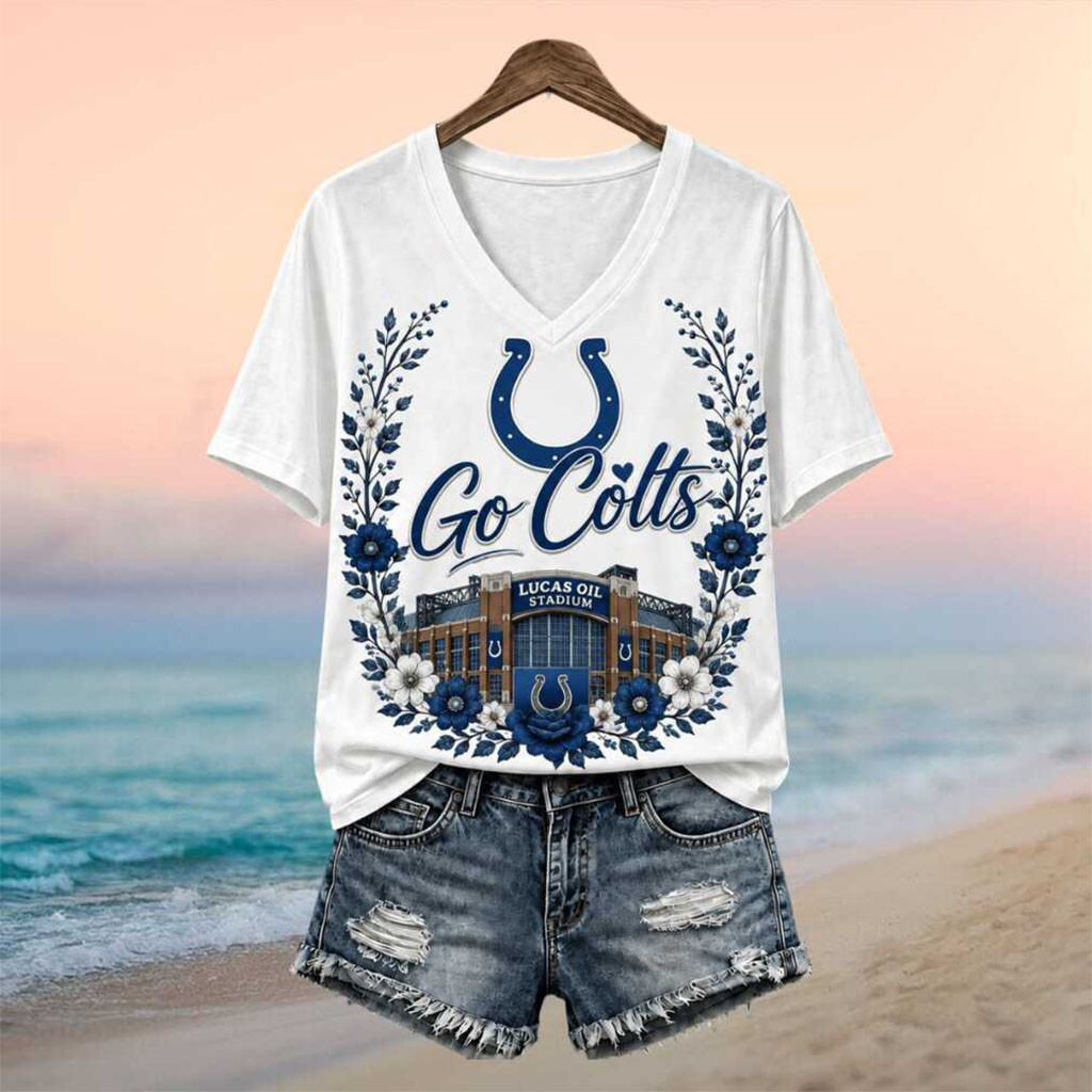 Indianapolis Colts Football Stadium Floral Wreath V-Neck Shirt Colts Merch Gifts For Fans - Kdjoy