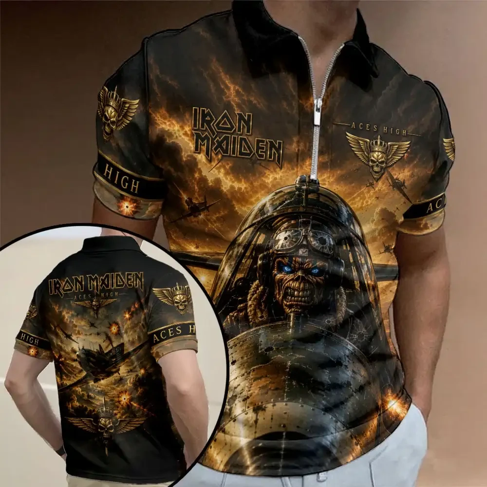 Iron Maiden Aces High Zip Polo Shirt Iron Maiden Merch Gifts For Music Enthusiasts - Kdjoy Iron Maiden Aces High Zip Polo Shirt Iron Maiden Merch Gifts For Music Enthusiasts - Kdjoy