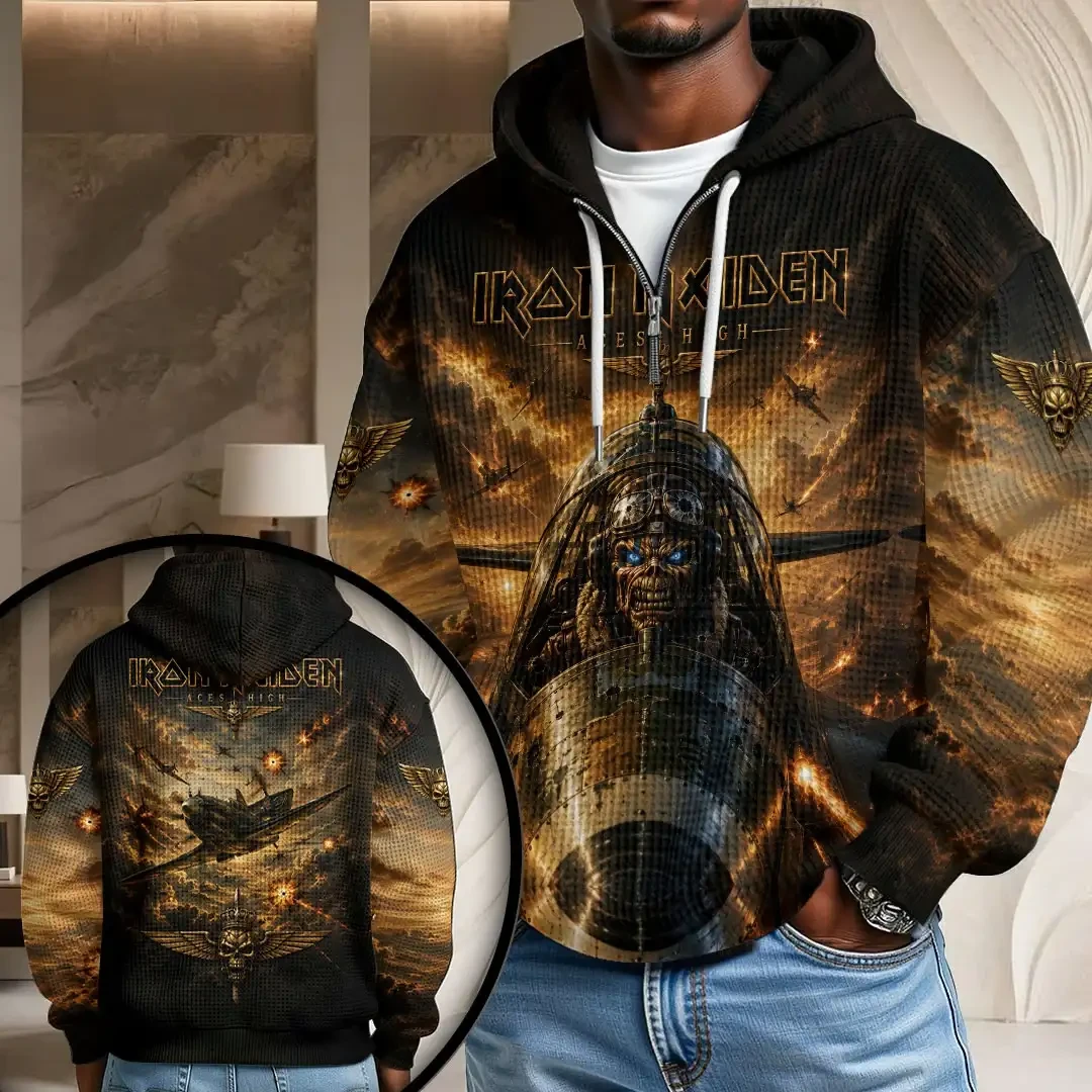 Iron Maiden Merch 2026 Aces High Quarter Half Zip Waffle Hoodie Gifts For Music Lovers - Kdjoy