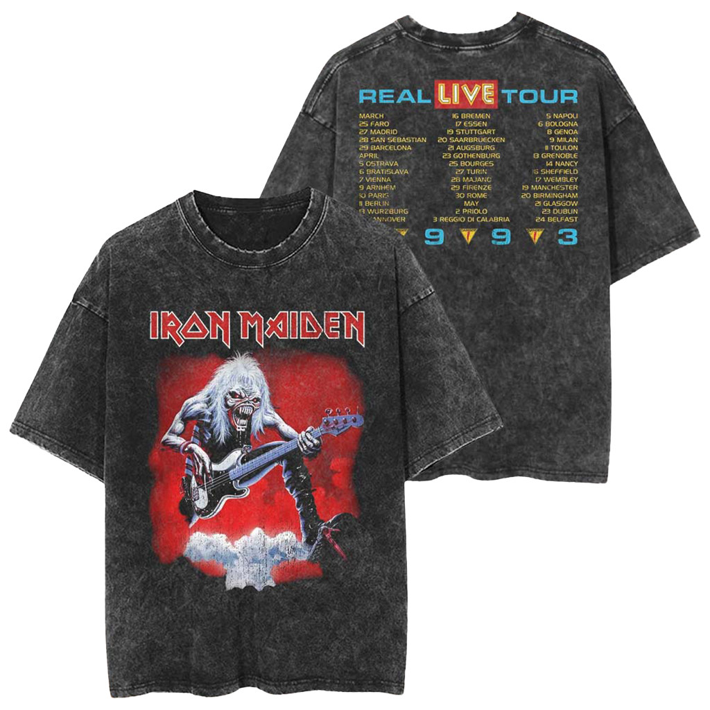 Iron Maiden Merch IM50 Anniversary Collection A Real Live Tour 1993 Vintage Wash T-Shirt - Kdjoy