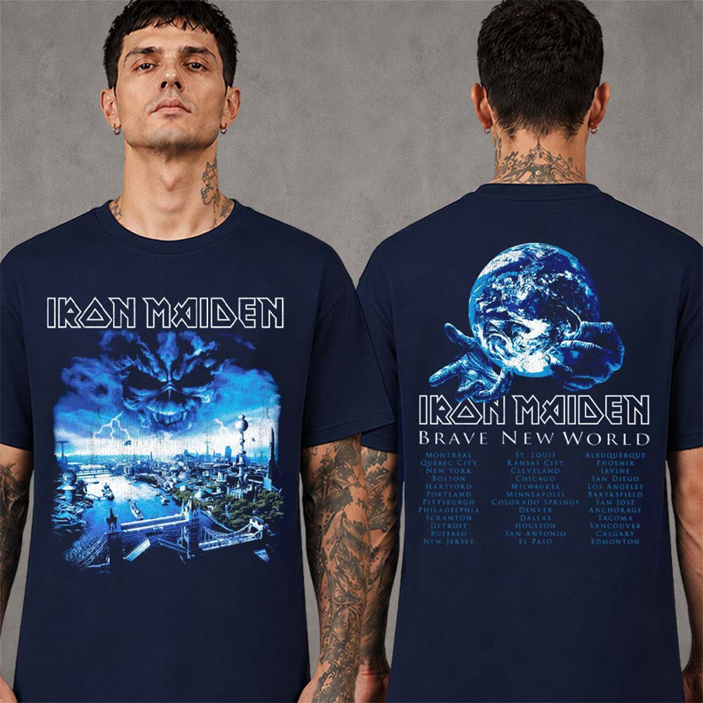 Iron Maiden Merch IM50 Anniversary Collection Brave New World Tour 2000 Navy T-Shirt - Kdjoy