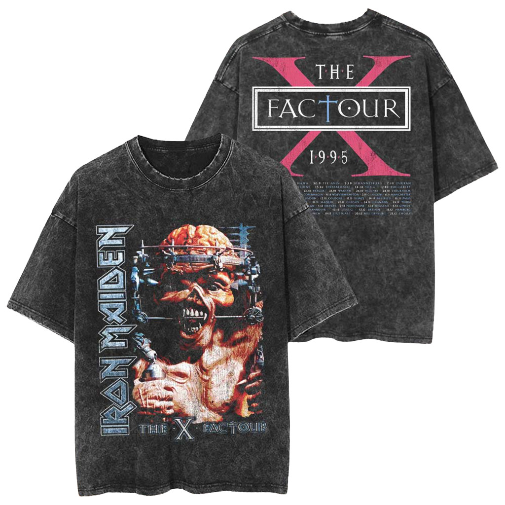 Iron Maiden Merch IM50 Anniversary Collection The X Factor Tour 1995 Eddie Vision Wash T-Shirt - Kdjoy