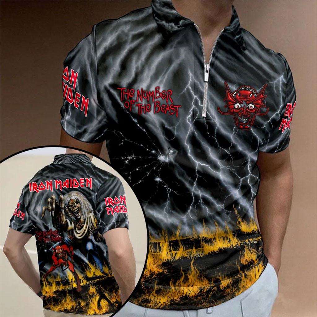Iron Maiden Merch The Number Of The Beast Zip Polo Shirt Presents For Music Lovers - Kdjoy