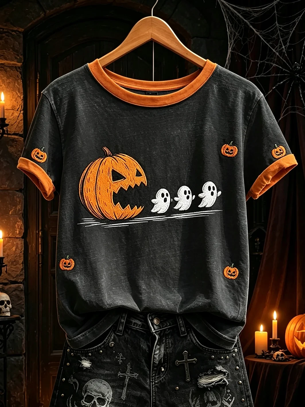 Jack-o'-lantern Chasing Ghosts T-Shirt Halloween Spooky Tee Gift For Cozy Autumn - Kdjoy