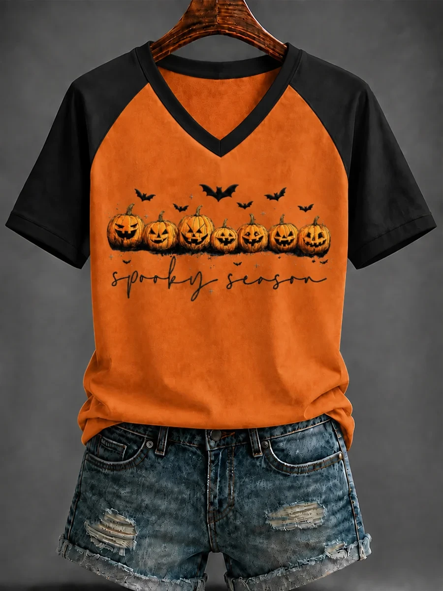 Jack-O'Lantern Spooky Season V-Neck Shirt Halloween Themed Presents For Hers - Kdjoy Jack-O'Lantern Spooky Season V-Neck Shirt Halloween Themed Presents For Hers - Kdjoy
