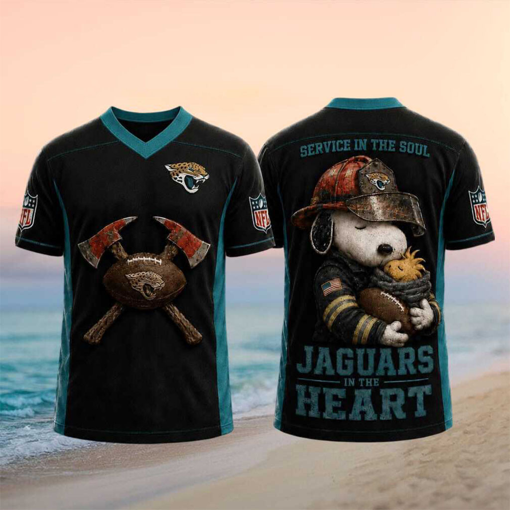 Jacksonville Jaguars Snoopy Firefighter Football In The Heart V-Neck Shirt Jaguars Merch Gifts - Kdjoy