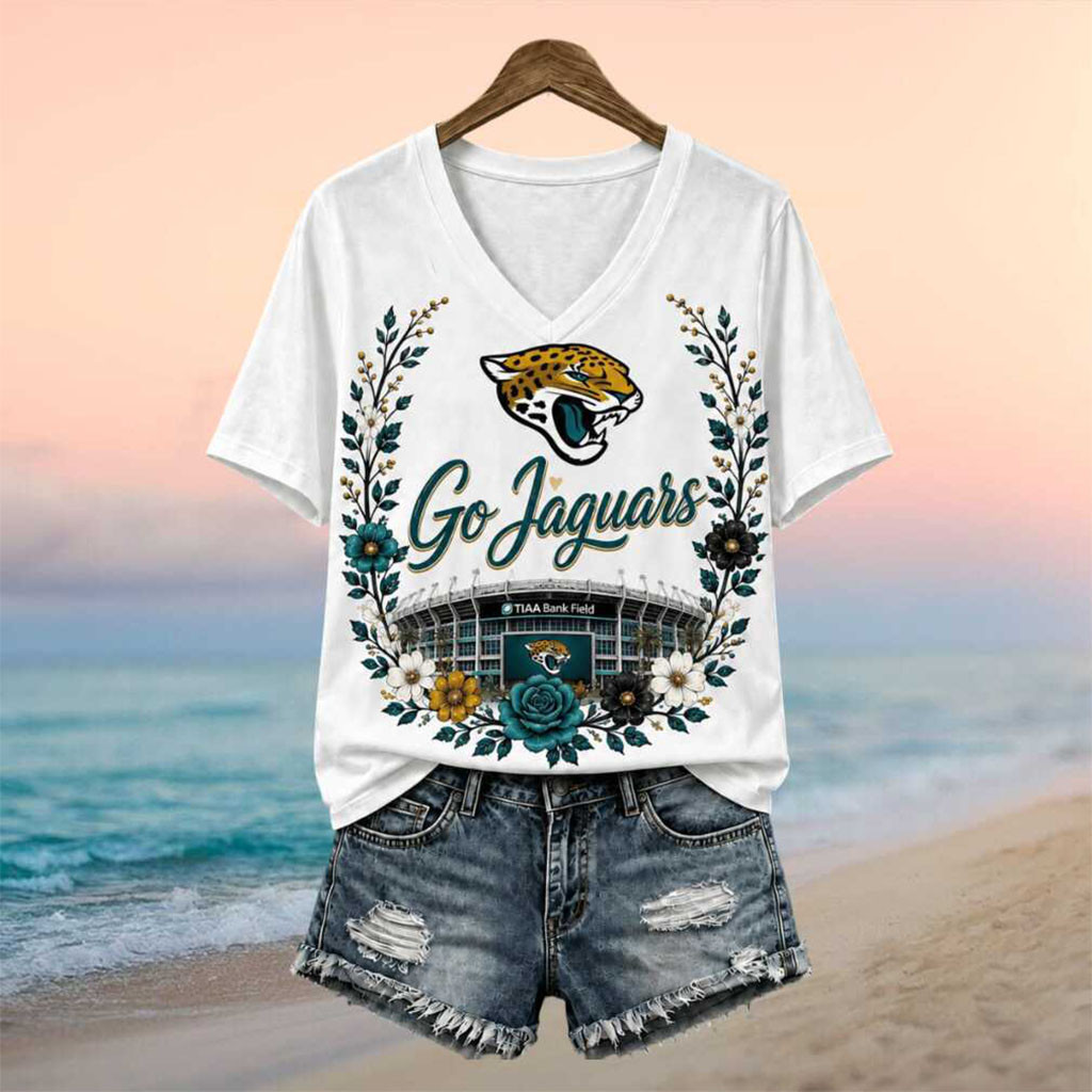Jacksonville Jaguars TIAA Bank Field Floral V-Neck Shirt Jaguars Merch Gifts For Football Fans - Kdjoy Jacksonville Jaguars TIAA Bank Field Floral V-Neck Shirt Jaguars Merch Gifts For Football Fans - Kdjoy