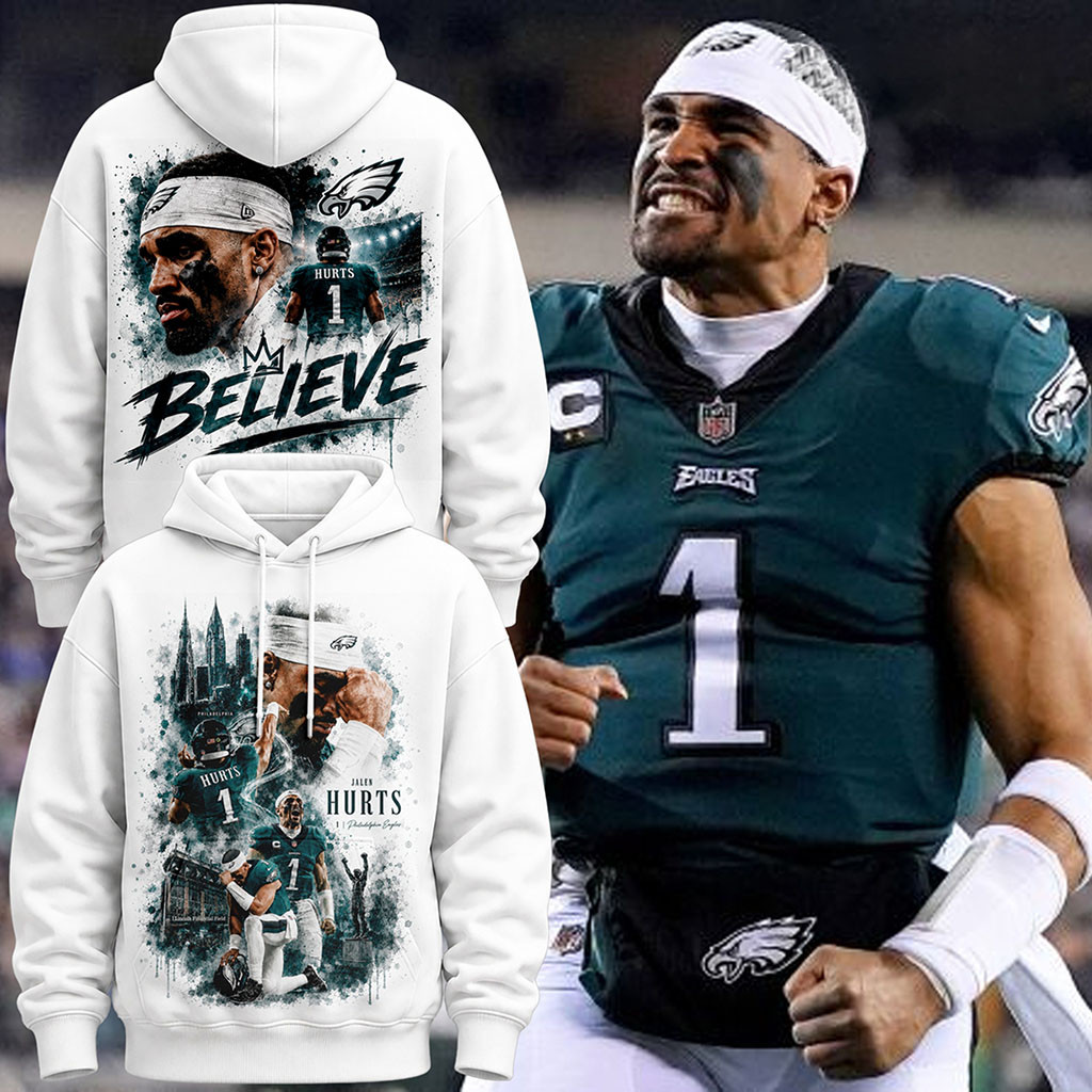 Jalen Hurts Philadelphia Eagles QB1 Hoodie Believe #1 Jalen Hurts Merch Football Fan Gifts - Kdjoy