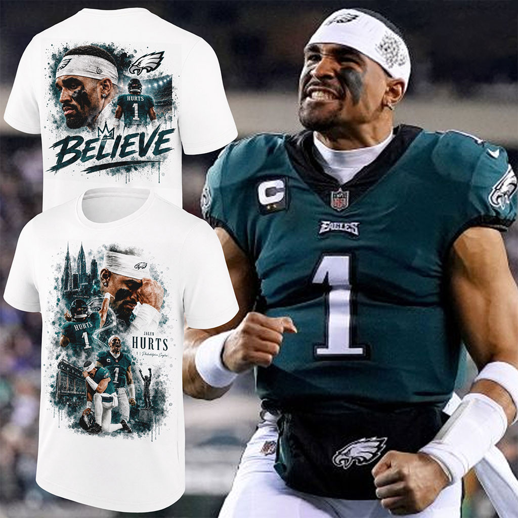 Jalen Hurts Philadelphia Eagles QB1 T-Shirt Believe Tee #1 Jalen Hurts Merch Football Fan Gifts - Kdjoy