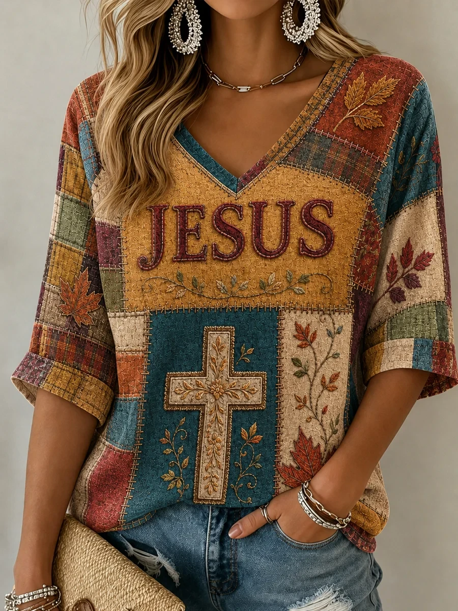 Jesus Cropped Sleeve V-Neck Shirt Christian Blessing Clothes Meaningful Gifts - Kdjoy