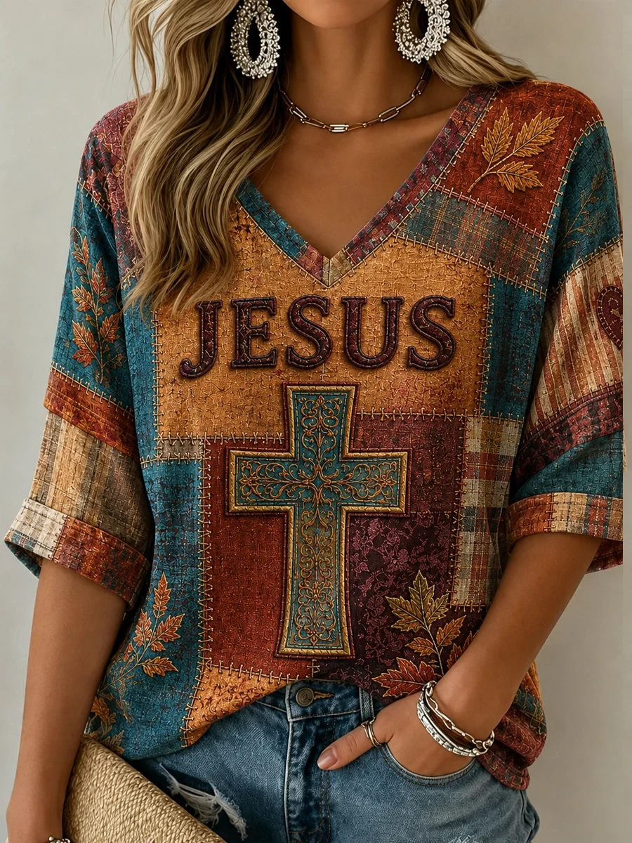 Jesus Cropped Sleeve V-Neck Shirt Christian Blessing Clothes Meaningful Gifts For Her - Kdjoy