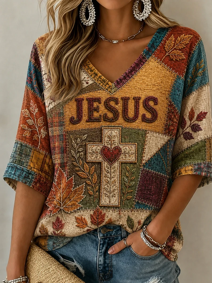 Jesus Cropped Sleeve V-Neck Shirt Religious Faith Clothes Gift Ideas - Kdjoy