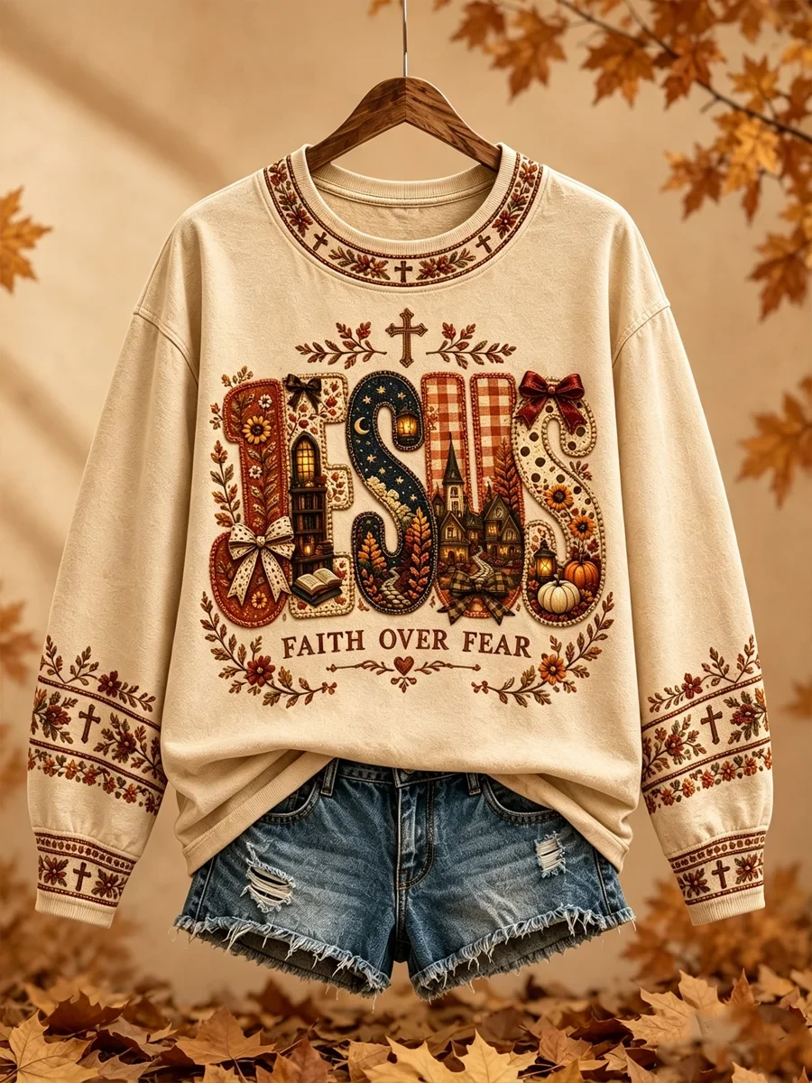 Jesus Faith Over Fear Sweatshirt Christian Autumn Merch Birthday Present For Wife - Kdjoy