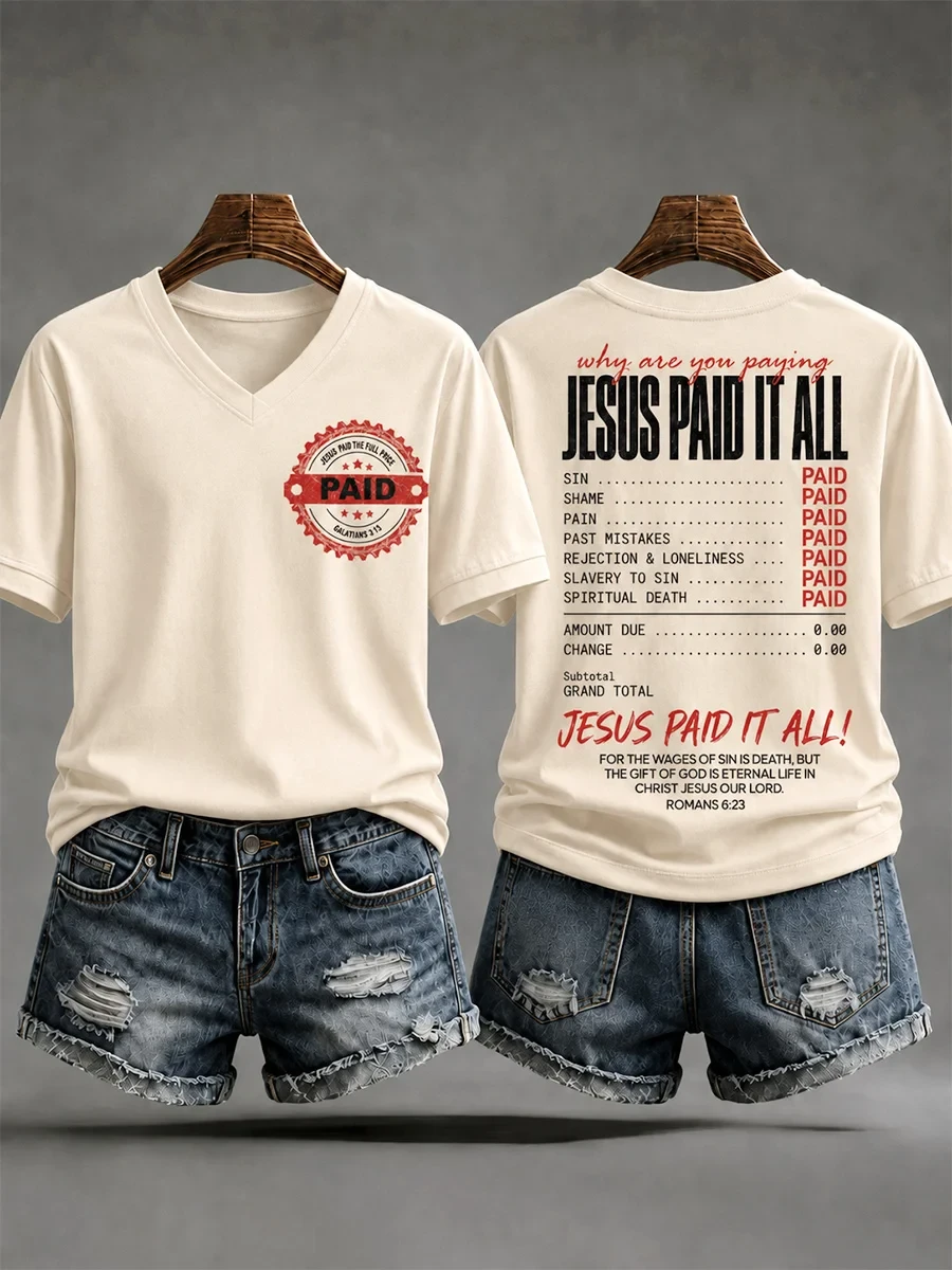Jesus Paid It All Print Casual V-Neck Shirt Faith Based Apparel Best Christian Gifts - Kdjoy