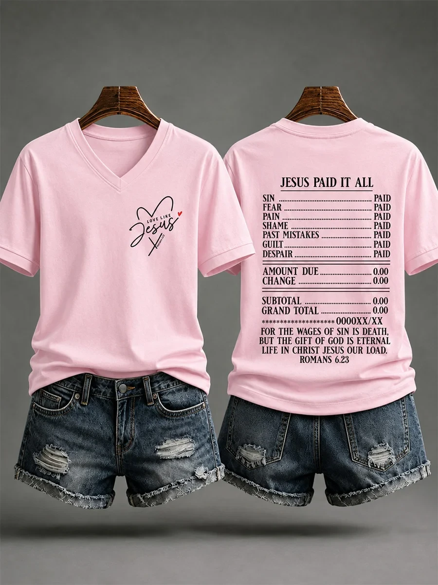 Jesus Paid It All Print Casual V-Neck Shirt Love Like Jesus Bible Apparel Faith Based Gift - Kdjoy Jesus Paid It All Print Casual V-Neck Shirt Love Like Jesus Bible Apparel Faith Based Gift - Kdjoy