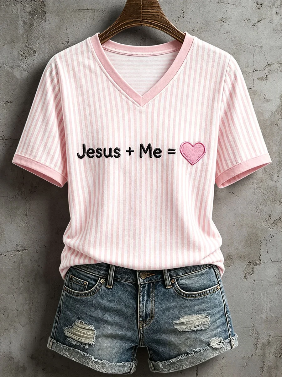 Jesus Plus Me Equals Heart V-Neck Shirt, Pink Striped Christian Apparel Cute Jesus Lover Gifts - Kdjoy