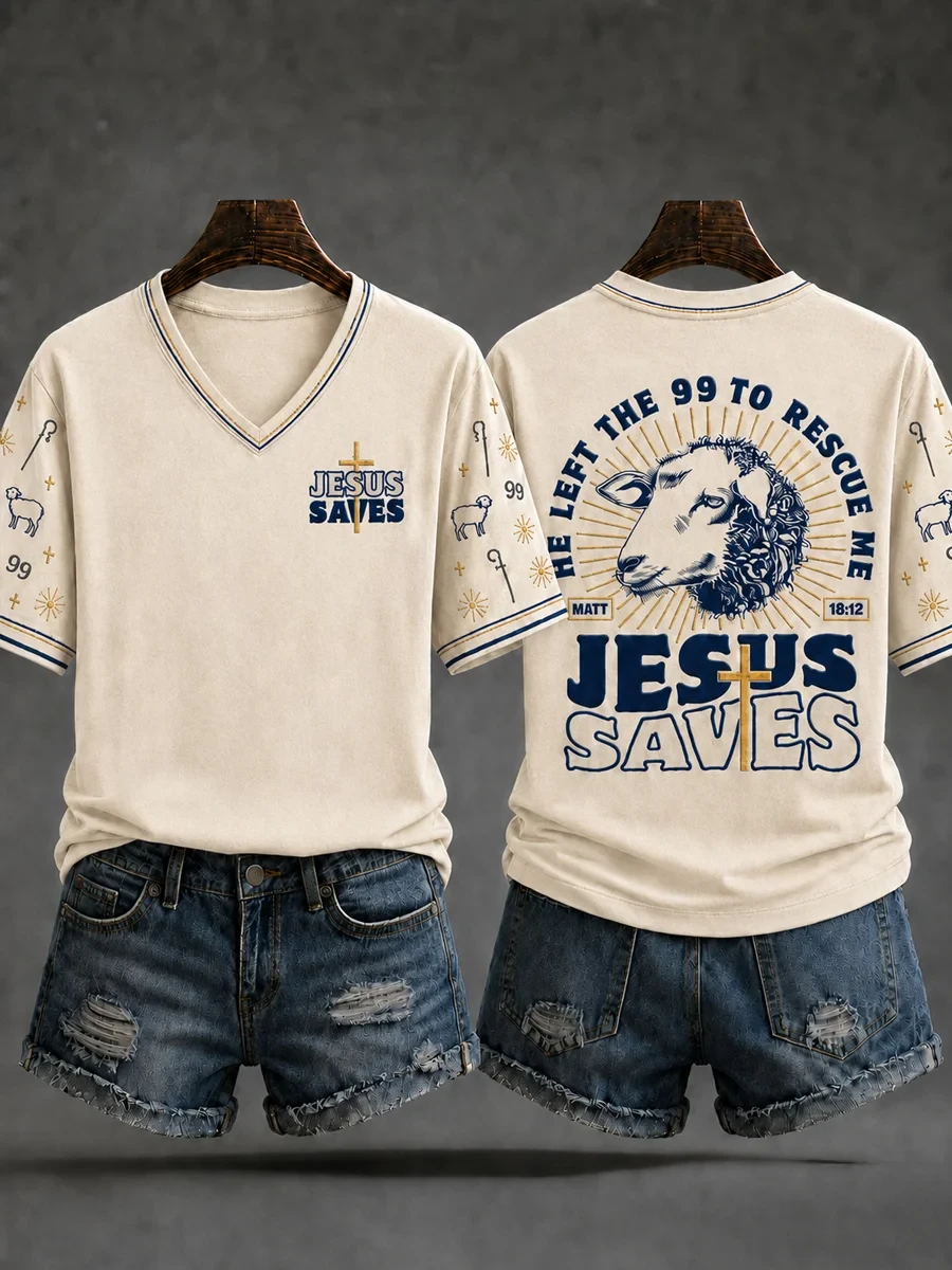 Jesus Saves Christian Lamb V-Neck Shirt He Left The 99 To Rescue Me Bible Apparel Faith Gifts - Kdjoy Jesus Saves Christian Lamb V-Neck Shirt He Left The 99 To Rescue Me Bible Apparel Faith Gifts - Kdjoy