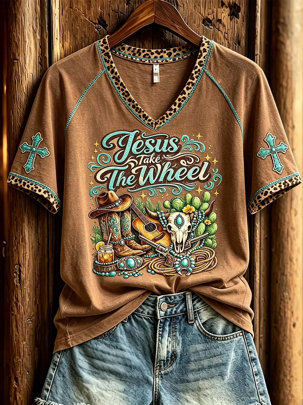 Jesus Take The Wheel Christian Western V-Neck Shirt Faith Inspired Clothing Gift for Her - Kdjoy