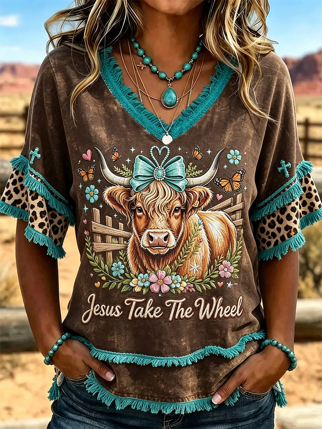 Jesus Take The Wheel Highland Cow V-Neck Shirt Cute Western Cow Merch Unique Gift - Kdjoy Jesus Take The Wheel Highland Cow V-Neck Shirt Cute Western Cow Merch Unique Gift - Kdjoy
